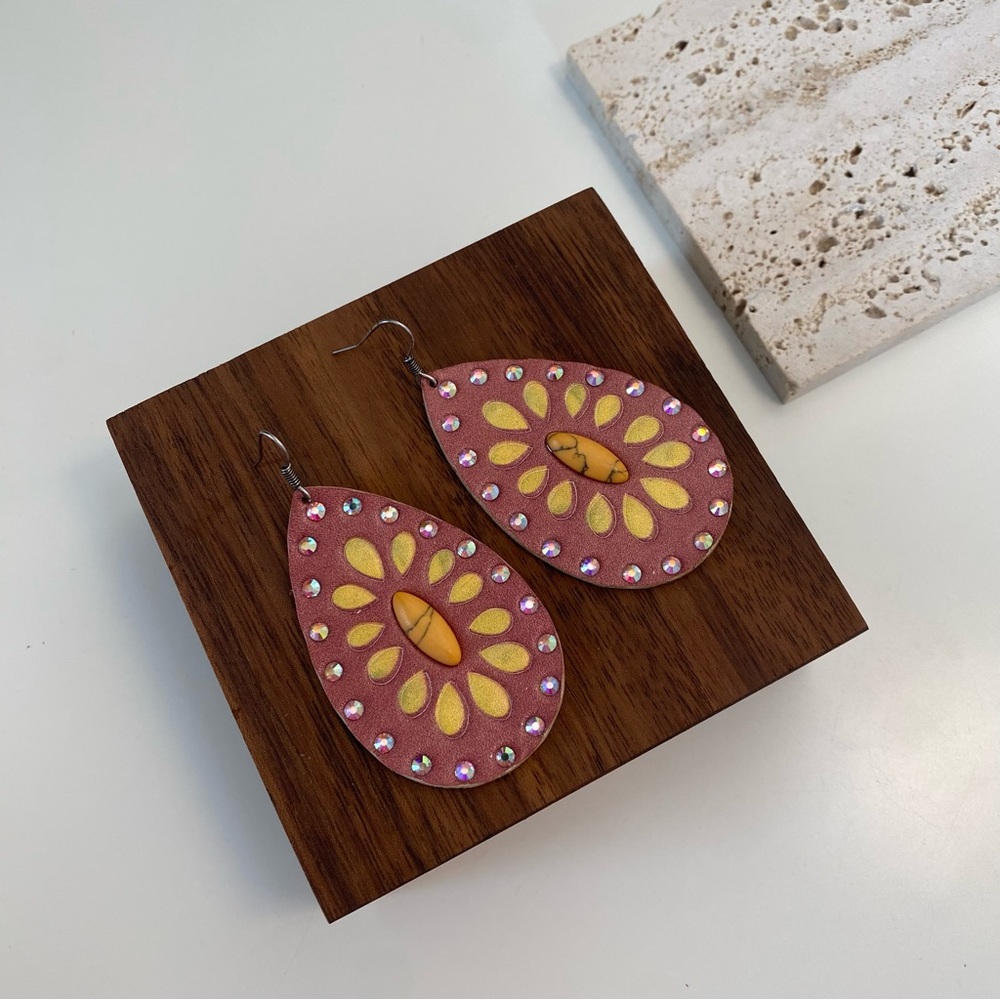 4/$15 Pink Yellow Accent Teardrop Faux Leather Drop Earrings